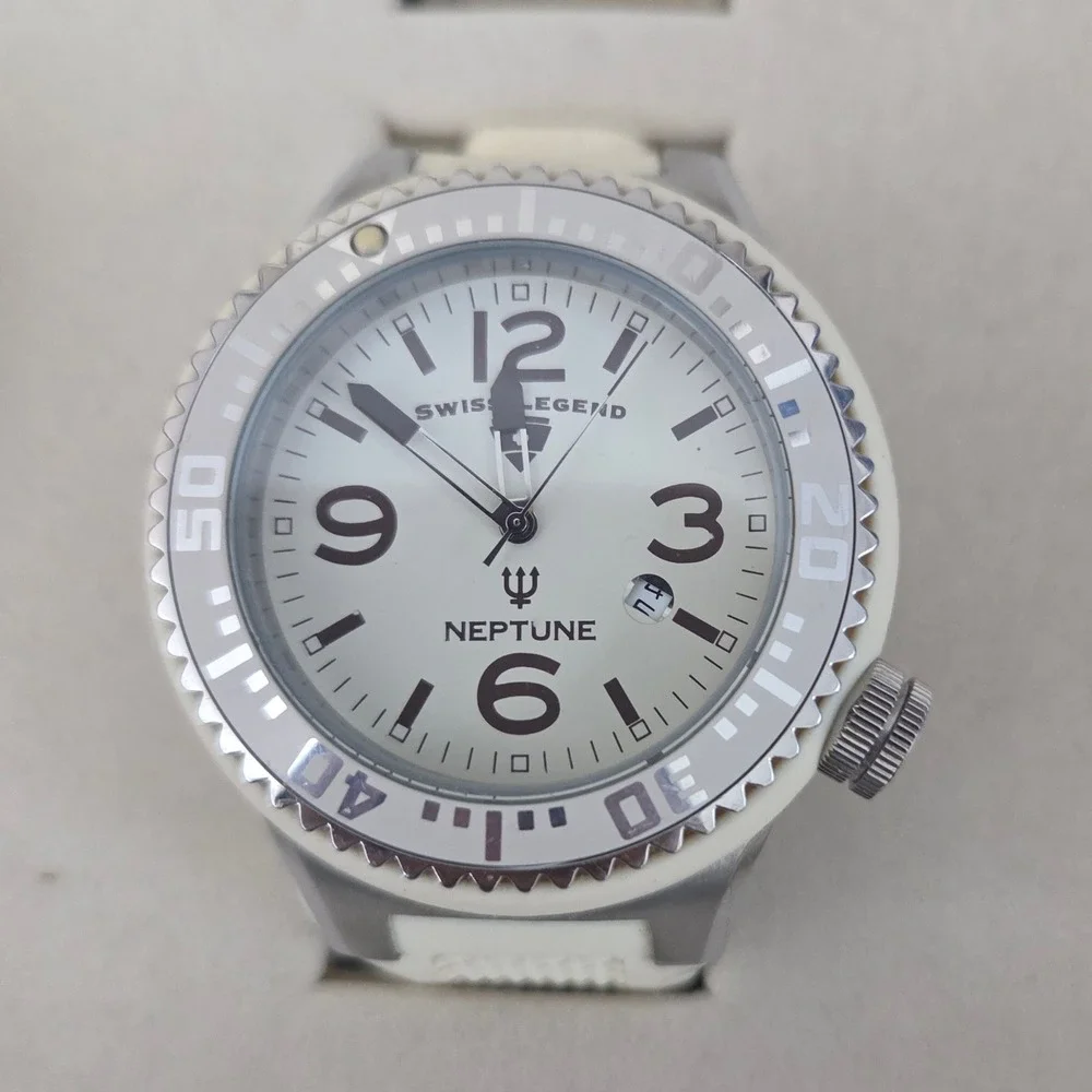 Swiss Legend Neptune White Silicone Silver Dial Swiss Quartz Mens Watch 10ATM